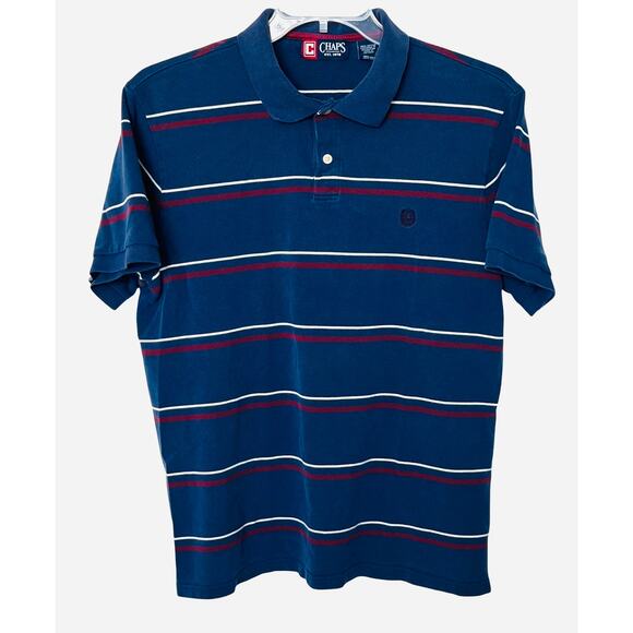 CHAPS SHORT SLV PULL-OVER POLO, MENS, XL, NAVY BLUE WITH RED & WHITE PINSTRIPES - Picture 1 of 12